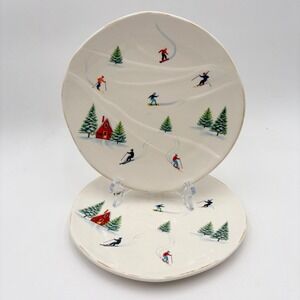 Potters Studio Set of 2 Skiing Christmas Winter Scene Ceramic Salad Plates Table